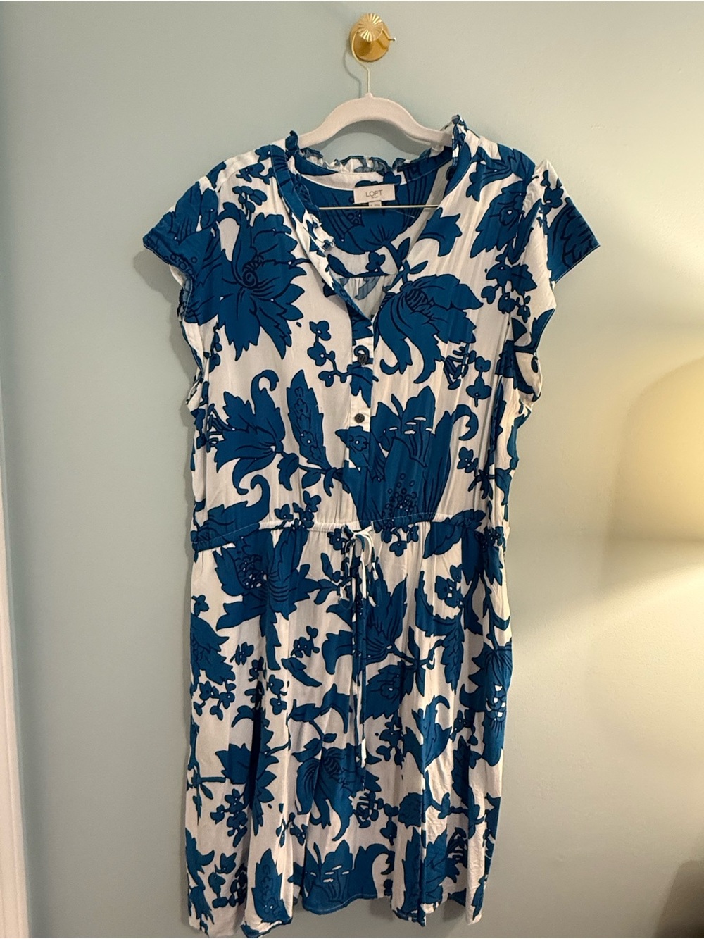 LOFT White Dress with Bold Blue Floral Print